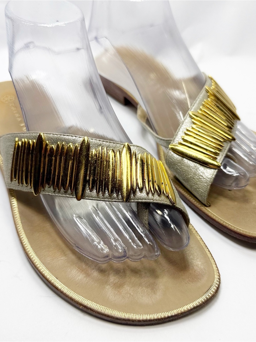 Trina Turk Metallic Gold Slide Sandals with Decorative Ribbed Strap size 9M